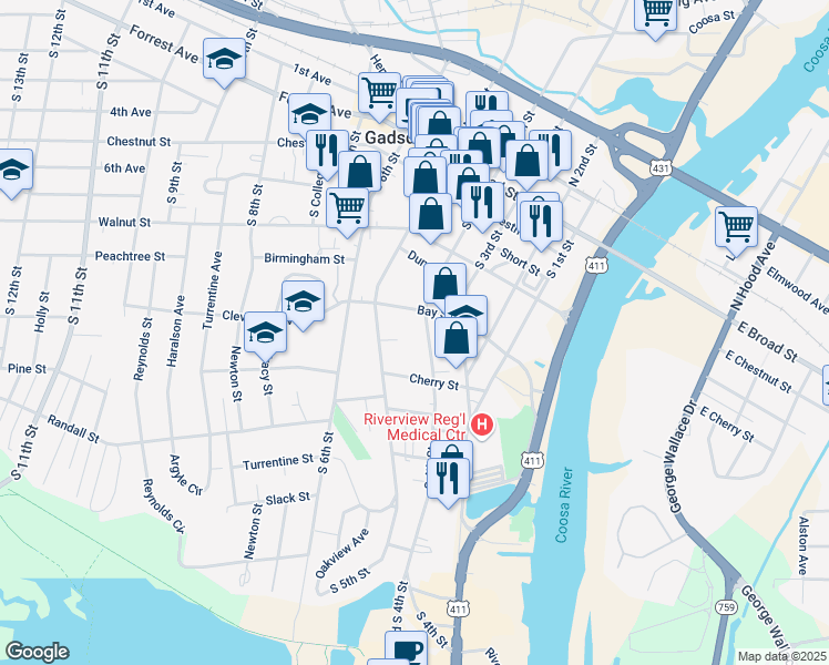 map of restaurants, bars, coffee shops, grocery stores, and more near 408 South 4th Street in Gadsden