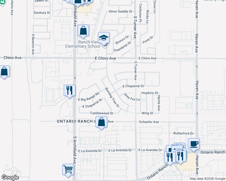 map of restaurants, bars, coffee shops, grocery stores, and more near 3612 Old Archibald Ranch Road in Ontario