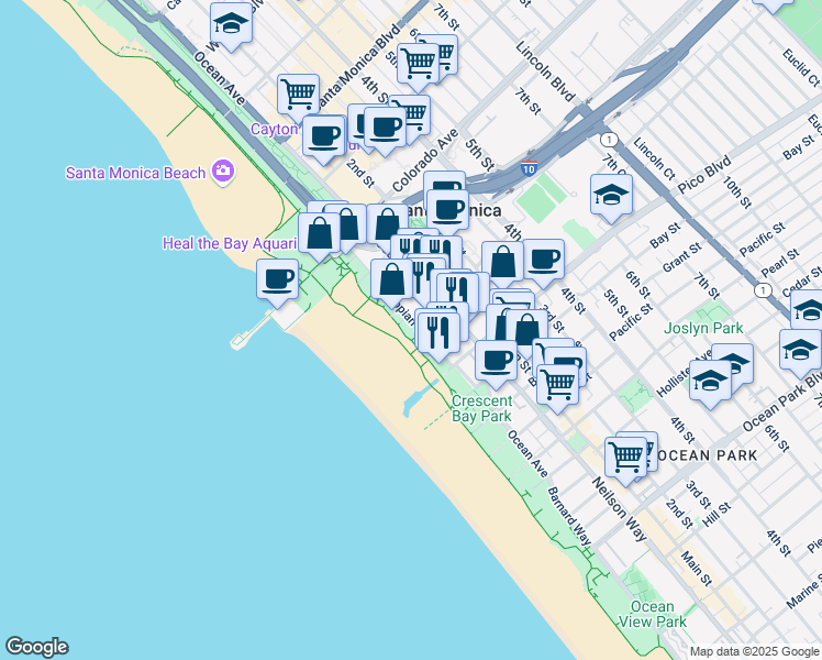 map of restaurants, bars, coffee shops, grocery stores, and more near 1723 Appian Way in Santa Monica
