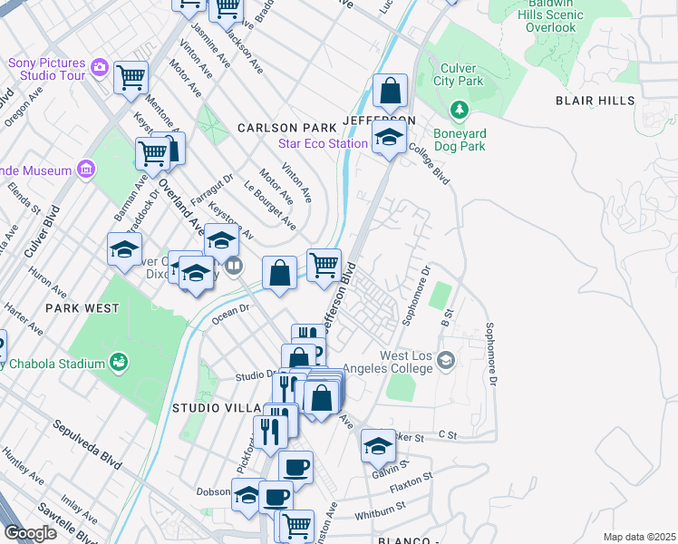 map of restaurants, bars, coffee shops, grocery stores, and more near 10395 Jefferson Boulevard in Culver City