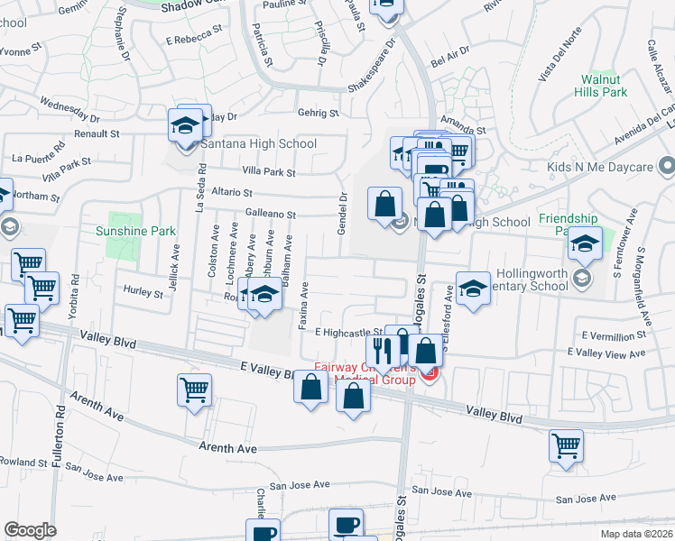 map of restaurants, bars, coffee shops, grocery stores, and more near 18841 Damasco Street in La Puente
