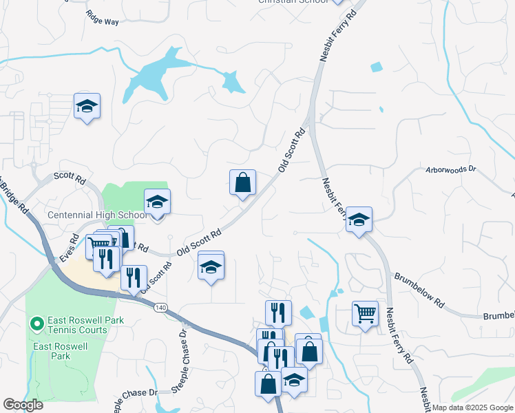 map of restaurants, bars, coffee shops, grocery stores, and more near 2605 Almont Way in Roswell