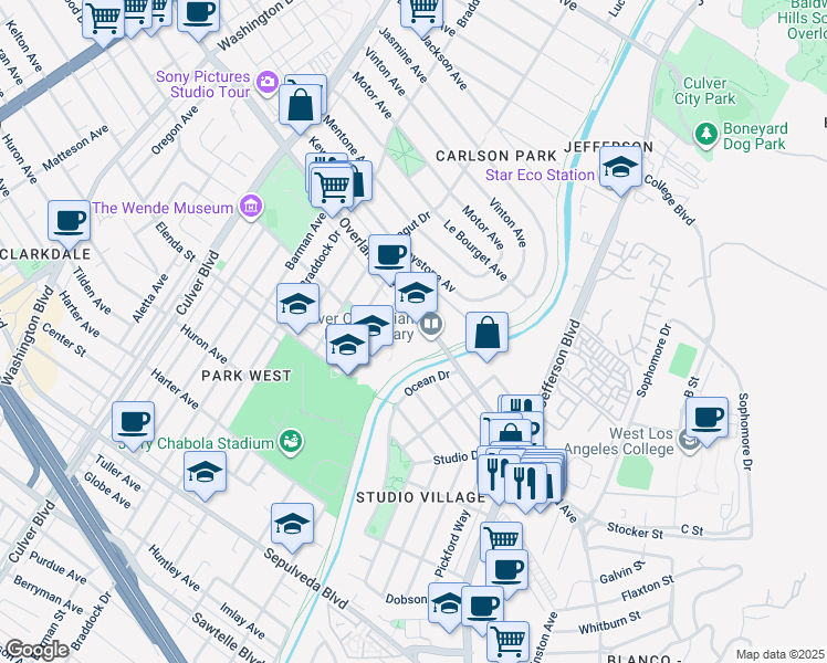 map of restaurants, bars, coffee shops, grocery stores, and more near 4911 Overland Avenue in Culver City