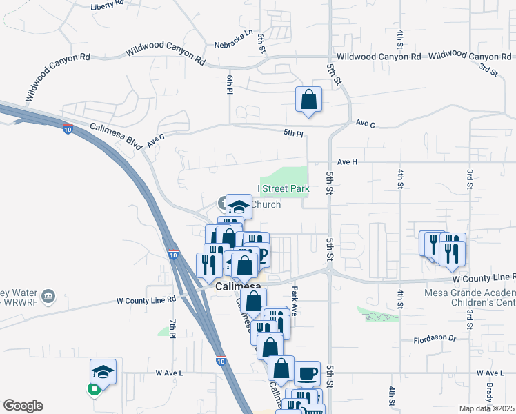 map of restaurants, bars, coffee shops, grocery stores, and more near 34089 Avenue I in Yucaipa