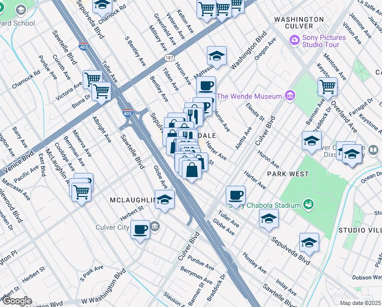 map of restaurants, bars, coffee shops, grocery stores, and more near 4122 Center Street in Culver City