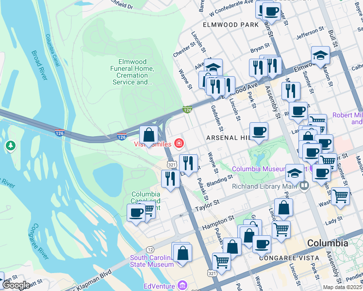 map of restaurants, bars, coffee shops, grocery stores, and more near 1911 Thurmond Mall in Columbia