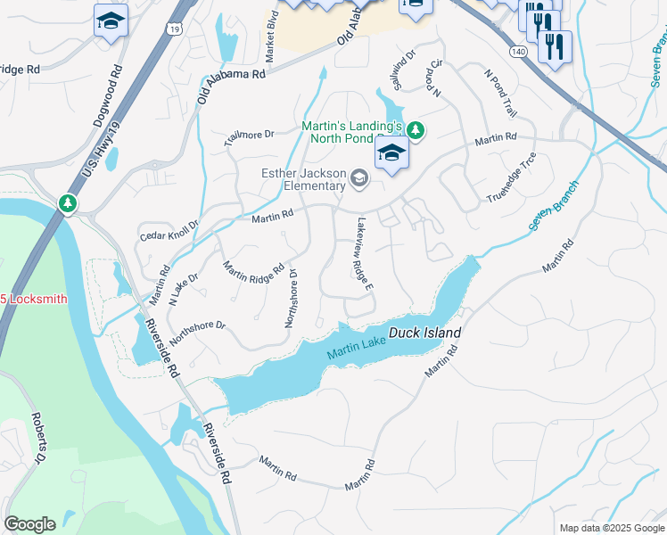 map of restaurants, bars, coffee shops, grocery stores, and more near 250 Lakeview Ridge West in Roswell