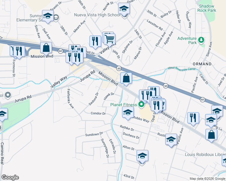 map of restaurants, bars, coffee shops, grocery stores, and more near 6550 Jewel Street in Riverside