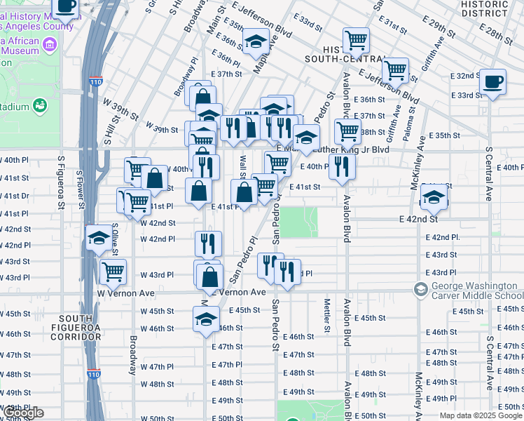 map of restaurants, bars, coffee shops, grocery stores, and more near 230 East 41st Place in Los Angeles
