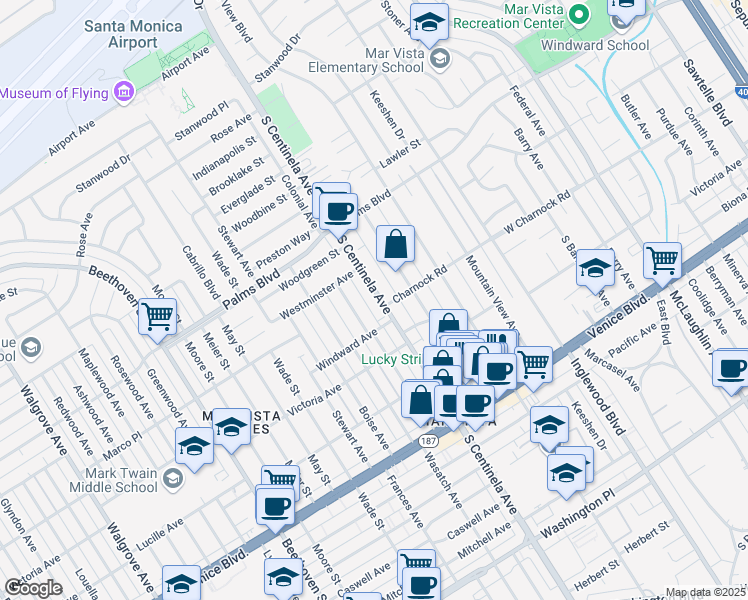 map of restaurants, bars, coffee shops, grocery stores, and more near 3605 South Centinela Avenue in Los Angeles