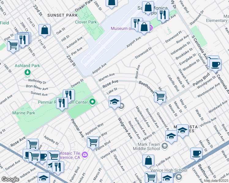 map of restaurants, bars, coffee shops, grocery stores, and more near 13200 Lake Street in Los Angeles