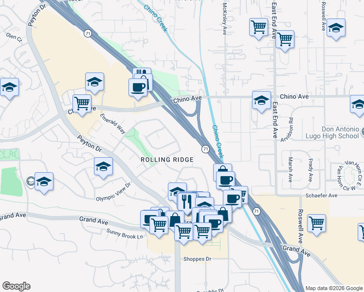 map of restaurants, bars, coffee shops, grocery stores, and more near 3292 Skyview Ridge in Chino Hills