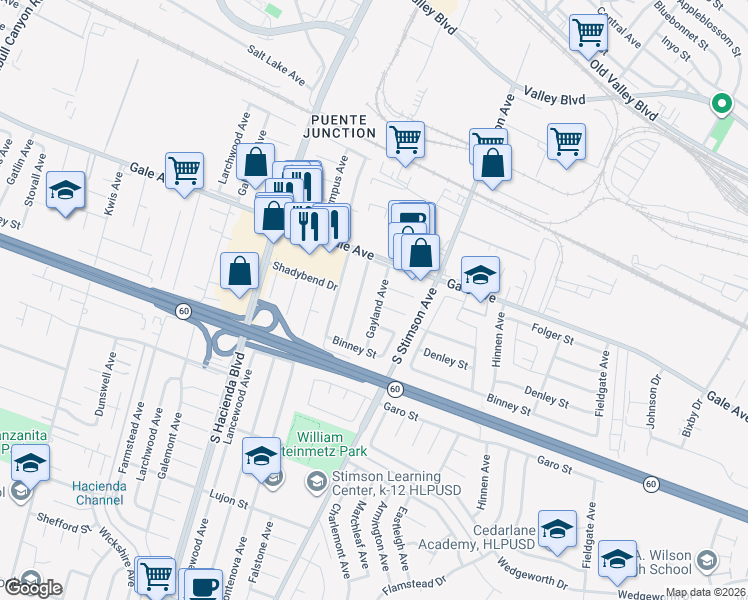map of restaurants, bars, coffee shops, grocery stores, and more near 1145 Gayland Avenue in La Puente