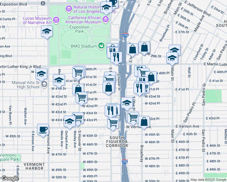 map of restaurants, bars, coffee shops, grocery stores, and more near 4160 South Figueroa Street in Los Angeles
