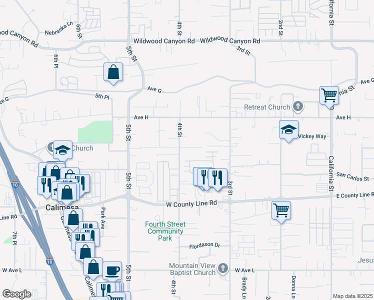 map of restaurants, bars, coffee shops, grocery stores, and more near 34531 Amberwood Place in Yucaipa
