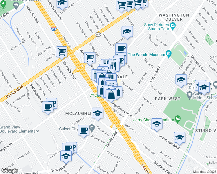 map of restaurants, bars, coffee shops, grocery stores, and more near 11167 Washington Blvd in Culver City