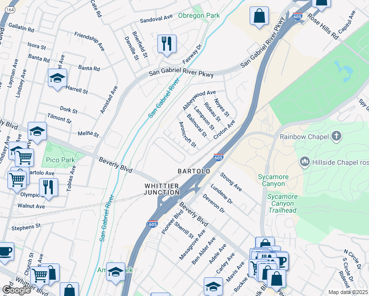 map of restaurants, bars, coffee shops, grocery stores, and more near 9900 Tagus Street in Pico Rivera
