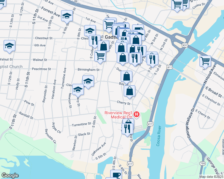 map of restaurants, bars, coffee shops, grocery stores, and more near 410 S 5th St in Gadsden