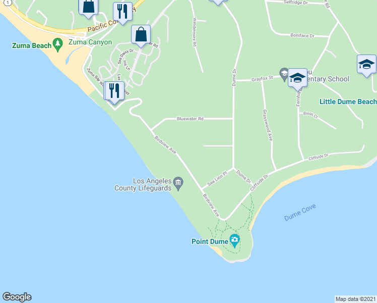 map of restaurants, bars, coffee shops, grocery stores, and more near 7170 Birdview Avenue in Malibu