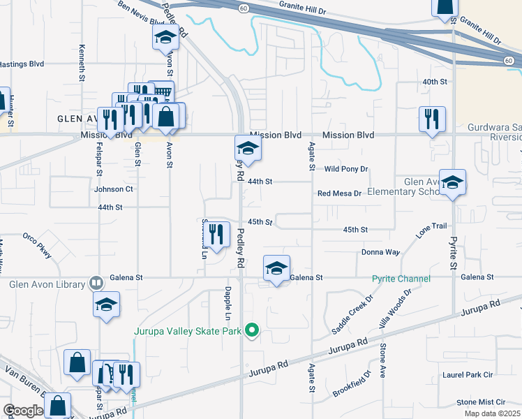 map of restaurants, bars, coffee shops, grocery stores, and more near 8744 Tammy Lane in Riverside