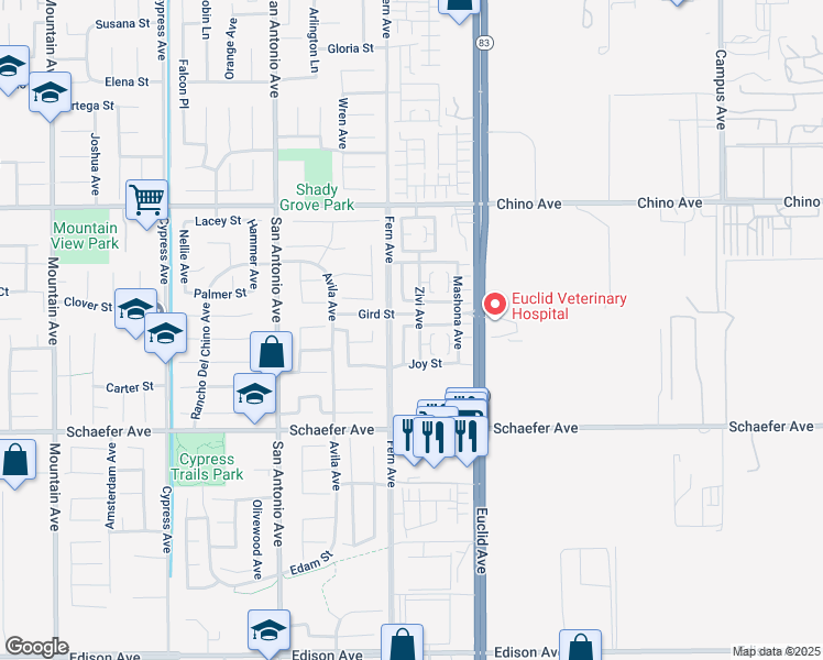 map of restaurants, bars, coffee shops, grocery stores, and more near 6941 Angora Street in Chino