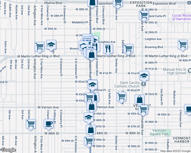 map of restaurants, bars, coffee shops, grocery stores, and more near 4163 South Hobart Boulevard in Los Angeles