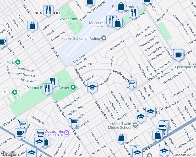 map of restaurants, bars, coffee shops, grocery stores, and more near 13117 Psomas Way in Los Angeles