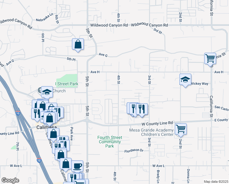 map of restaurants, bars, coffee shops, grocery stores, and more near 13530 4th Street in Yucaipa
