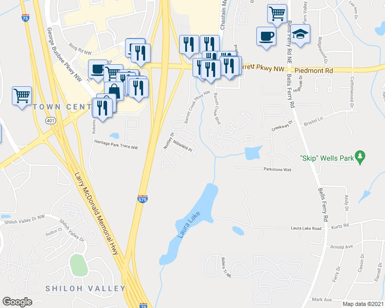map of restaurants, bars, coffee shops, grocery stores, and more near 303 Nibblewill Place in Marietta