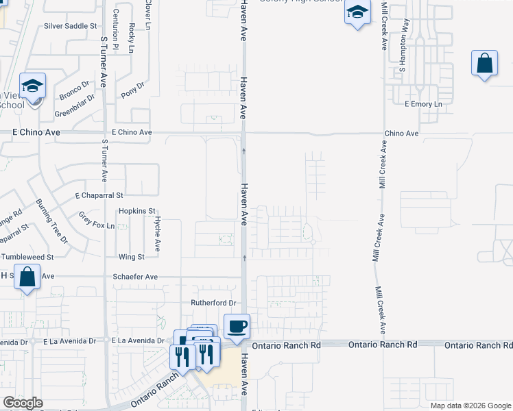 map of restaurants, bars, coffee shops, grocery stores, and more near 3620 South Allston Paseo in Ontario