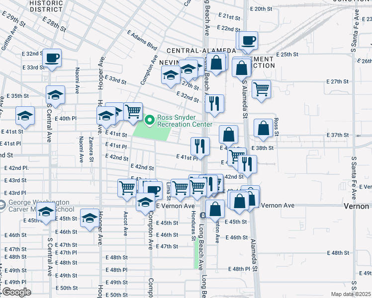 map of restaurants, bars, coffee shops, grocery stores, and more near 1614 East 41st Street in Los Angeles