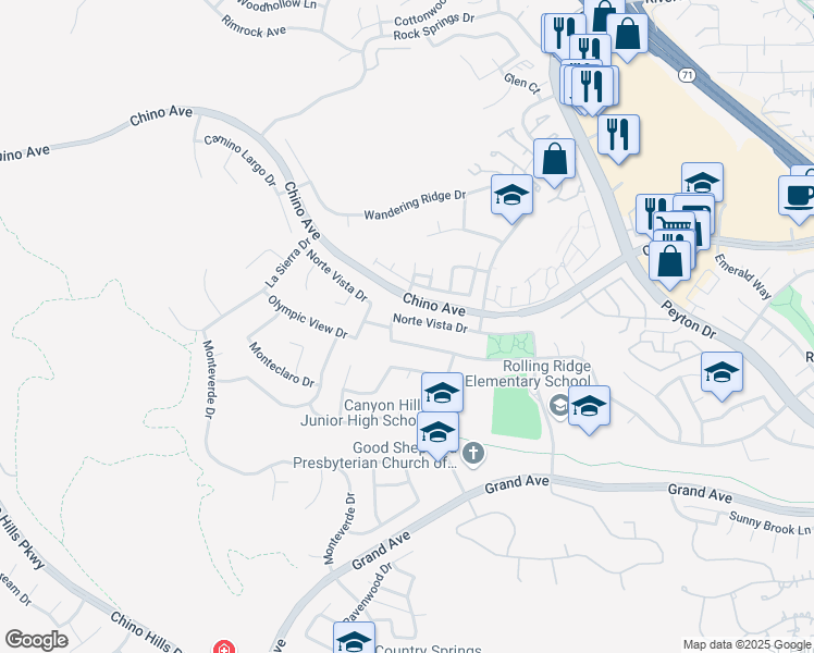 map of restaurants, bars, coffee shops, grocery stores, and more near 2453 Norte Vista Drive in Chino Hills