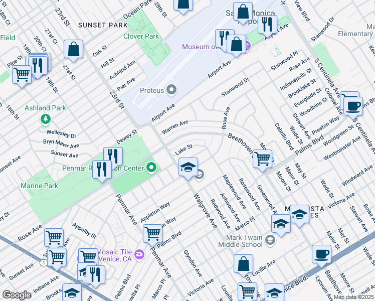 map of restaurants, bars, coffee shops, grocery stores, and more near 13200 Lake Street in Los Angeles