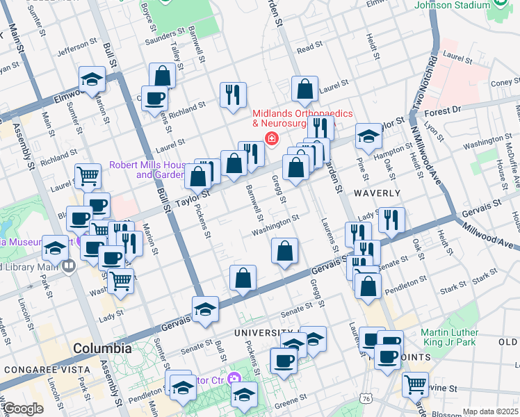 map of restaurants, bars, coffee shops, grocery stores, and more near 1444 Barnwell Street in Columbia