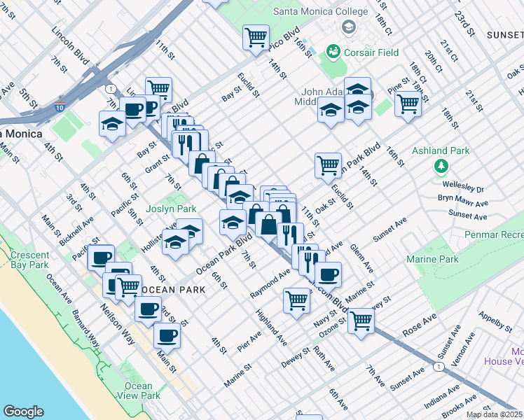 map of restaurants, bars, coffee shops, grocery stores, and more near 834 Maple Street in Santa Monica