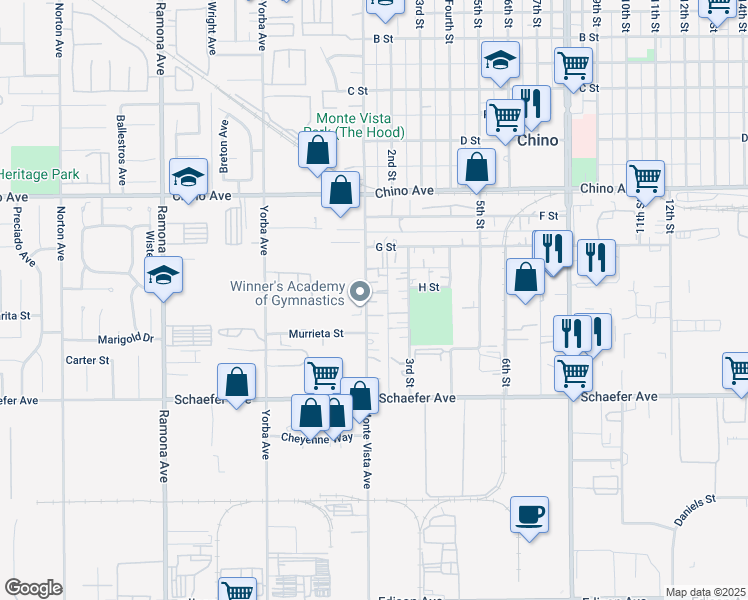 map of restaurants, bars, coffee shops, grocery stores, and more near 13515 Monte Vista Avenue in Chino
