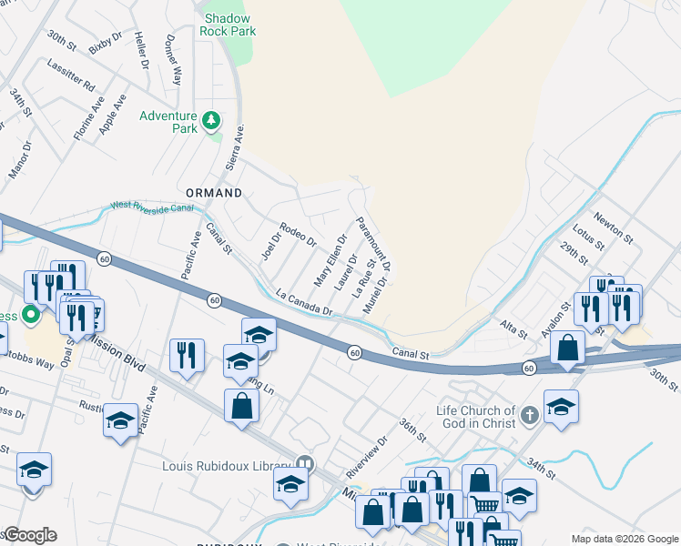 map of restaurants, bars, coffee shops, grocery stores, and more near 3213 Laurel Drive in Riverside