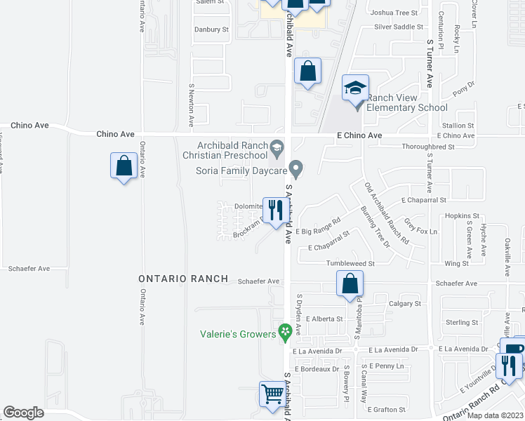 map of restaurants, bars, coffee shops, grocery stores, and more near 13610 South Archibald Avenue in Ontario