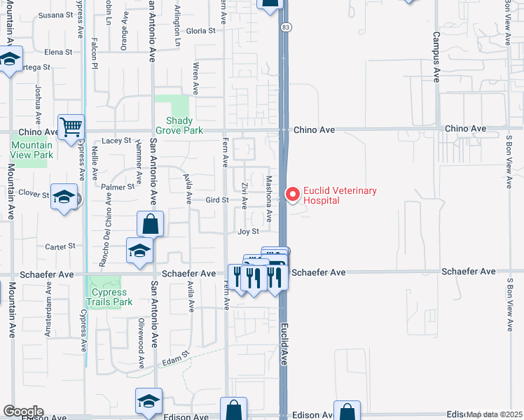 map of restaurants, bars, coffee shops, grocery stores, and more near 7025 Angora Street in Chino