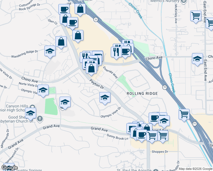 map of restaurants, bars, coffee shops, grocery stores, and more near 13458 Misty Meadow Court in Chino Hills