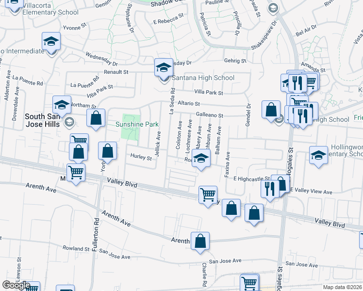 map of restaurants, bars, coffee shops, grocery stores, and more near 536 Colston Avenue in La Puente