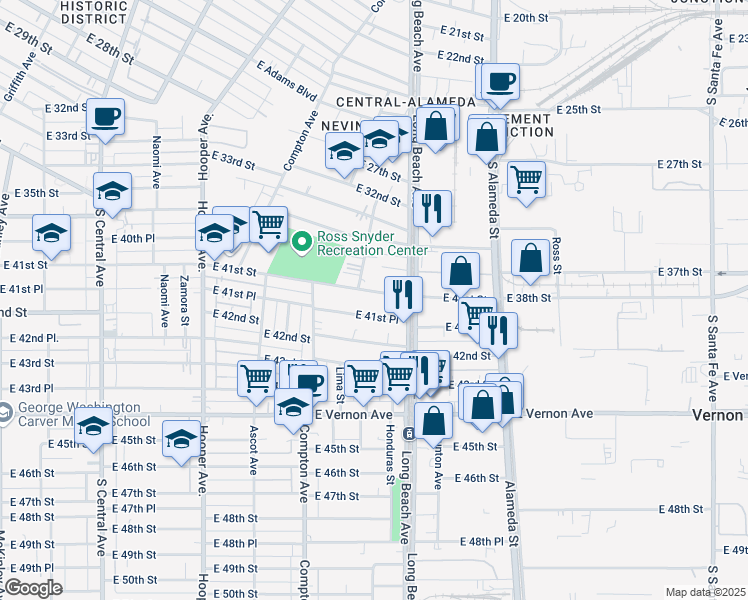 map of restaurants, bars, coffee shops, grocery stores, and more near 1614 East 41st Street in Los Angeles