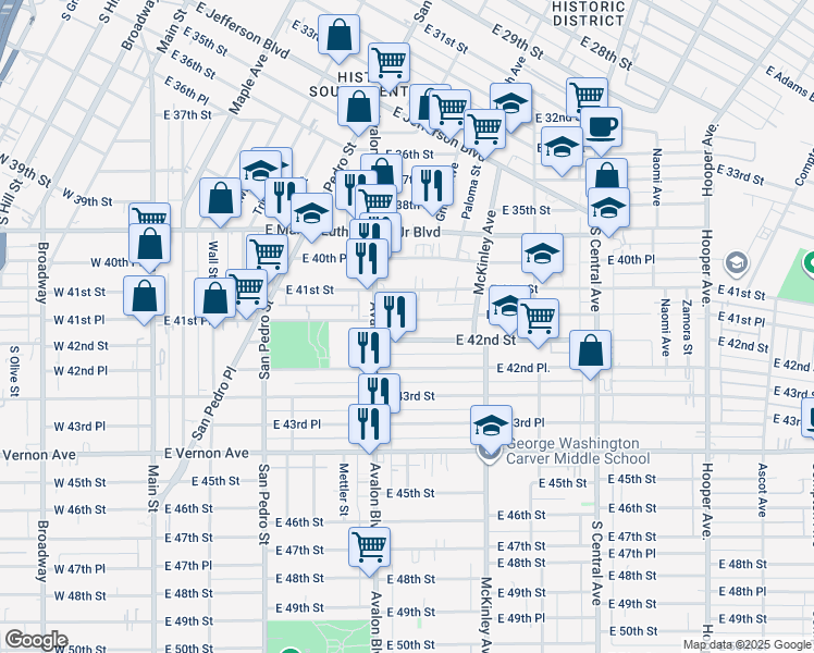 map of restaurants, bars, coffee shops, grocery stores, and more near 636 East 41st Place in Los Angeles
