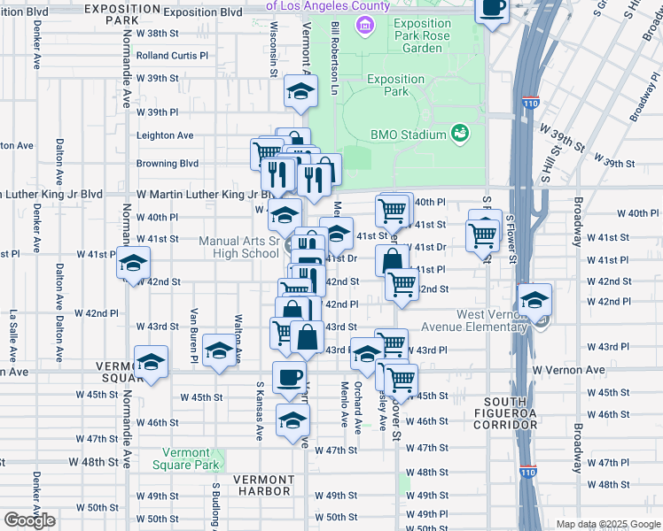 map of restaurants, bars, coffee shops, grocery stores, and more near 4151 Menlo Avenue in Los Angeles