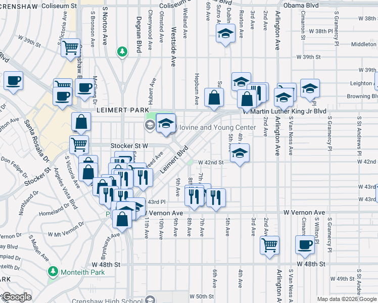 map of restaurants, bars, coffee shops, grocery stores, and more near 3025 Stocker Place in Los Angeles