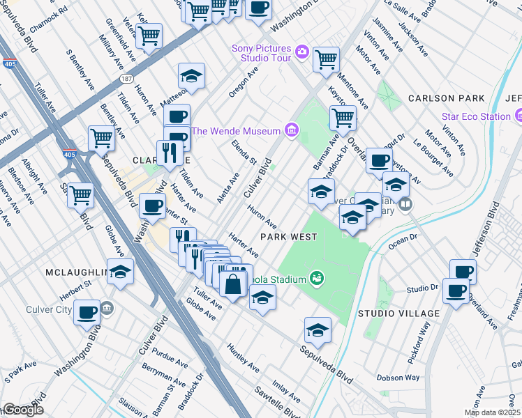 map of restaurants, bars, coffee shops, grocery stores, and more near 10952 Wagner Street in Culver City
