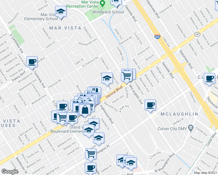 map of restaurants, bars, coffee shops, grocery stores, and more near 3743 South Barrington Avenue in Los Angeles