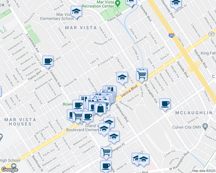 map of restaurants, bars, coffee shops, grocery stores, and more near 11951 McCune Avenue in Los Angeles