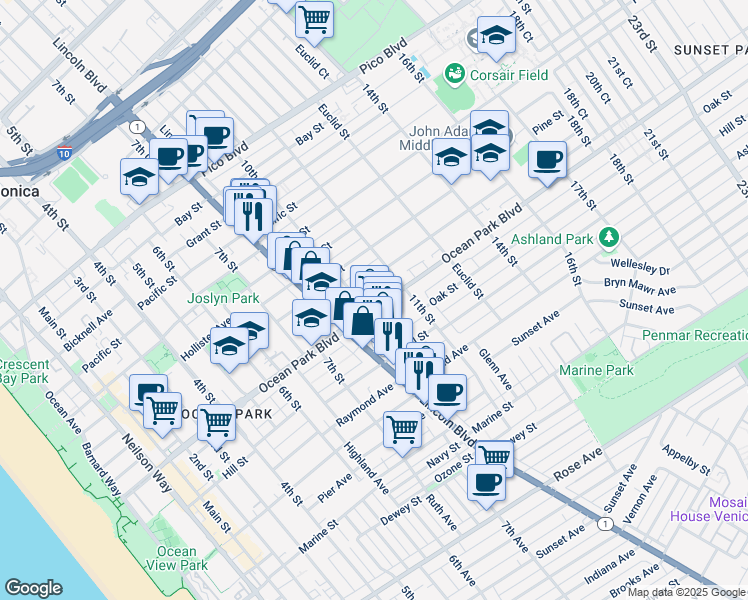 map of restaurants, bars, coffee shops, grocery stores, and more near 1034 Ocean Park Boulevard in Santa Monica