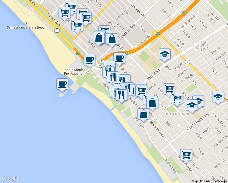 map of restaurants, bars, coffee shops, grocery stores, and more near 1723 Appian Way in Santa Monica